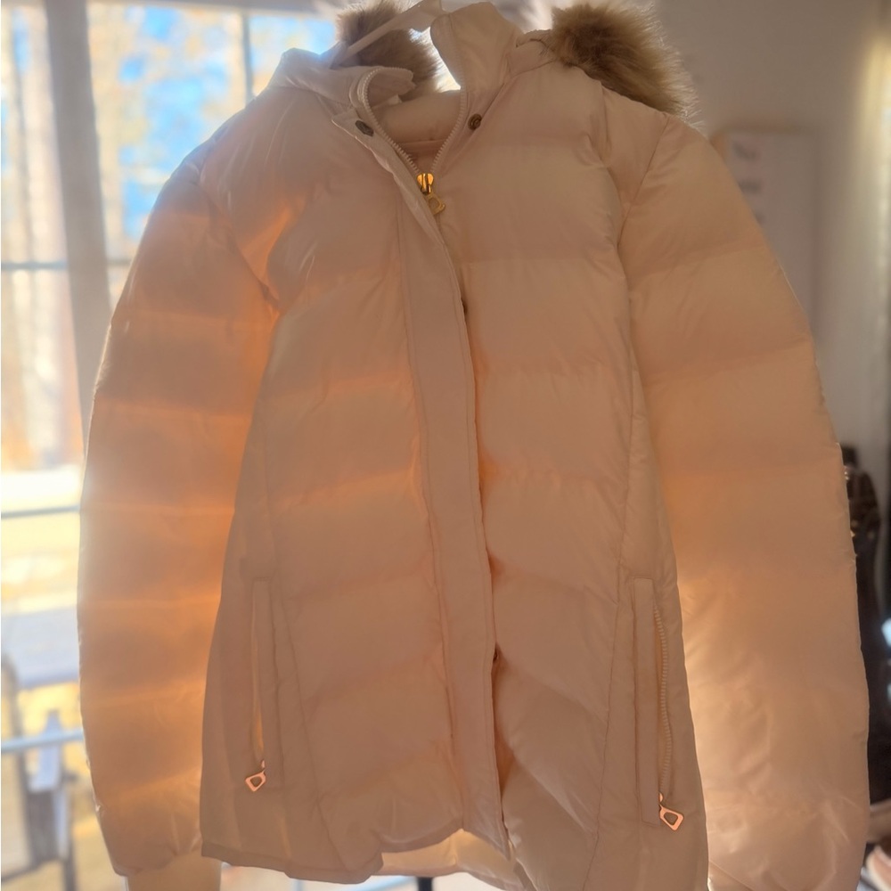 GAP Cream Puffer Jacket with Fur Trim